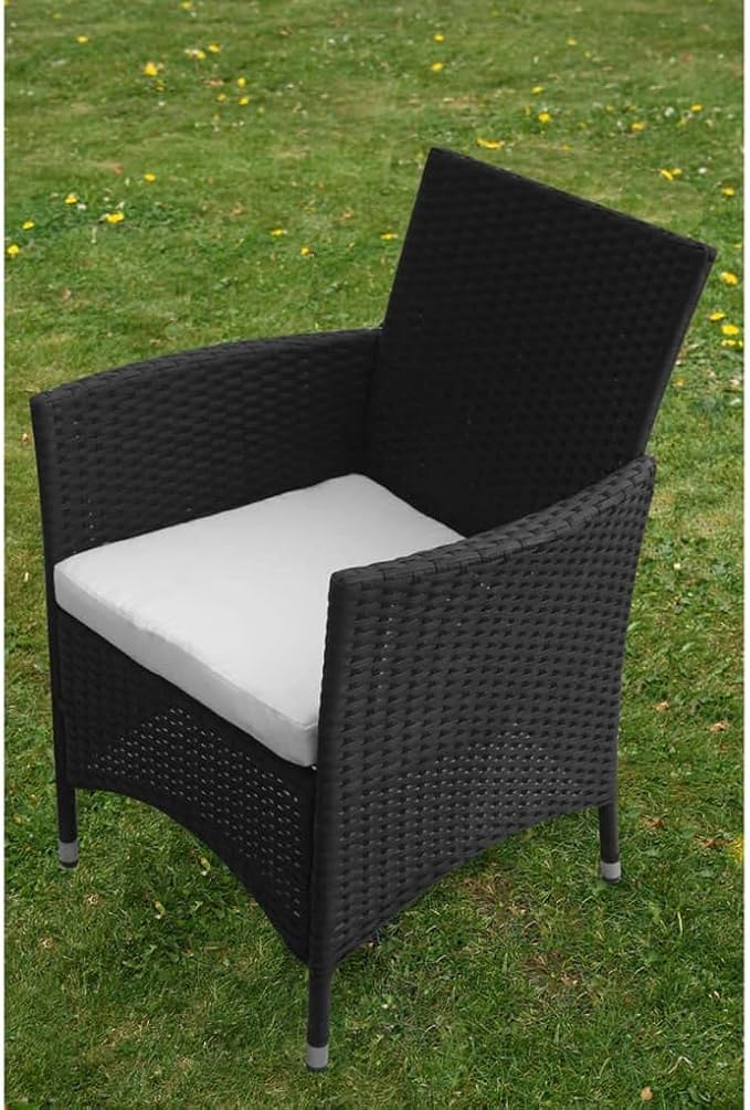5 Piece Patio Dining Set, Black Poly Rattan Outdoor Furniture Set with 4 Wicker Chairs and Square Glass Top Table for Garden and Backyard, Includes 4 Removable Cushions