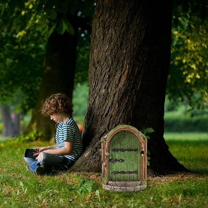 Green Fairy Door, Wooden Miniature Fairy Garden Doors Outdoor Mini Fairy Gnome House Accessories for Tree Trunk Ornaments Garden Miniatures, Fairy Doors for Trees Outdoor, Gnome Door for Tree Trunk