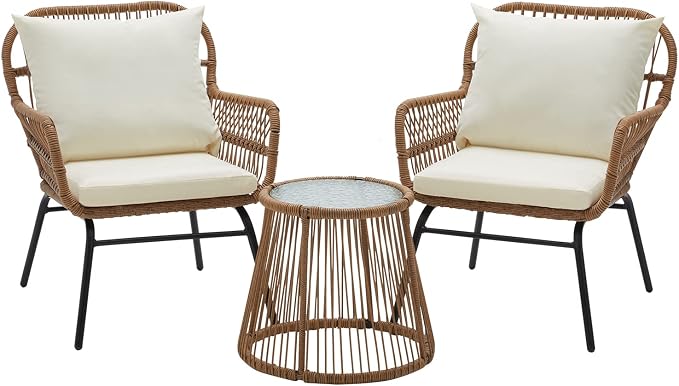 EROMMY 3-Piece Patio Conversation Bistro Set, Outdoor All-Weather Wicker Balcony Furniture with Tempered Glass Top Table & 2 Wide Ergonomic Armchairs, Seat Cushions for Porch, Backyard, White