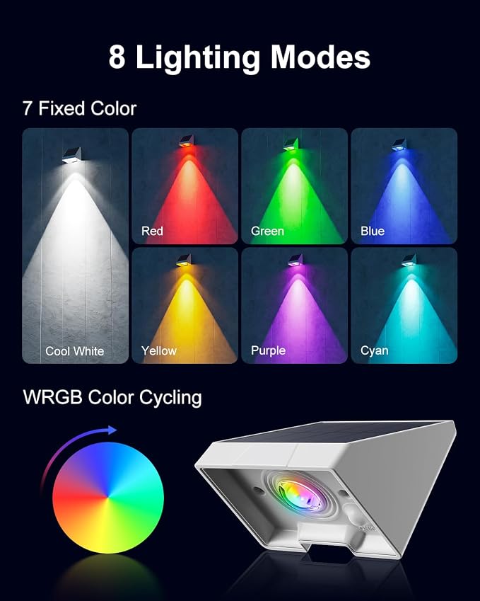 12 Pack Color Changing Solar Powered Fence Lights Outdoor Landscape LED Waterproof Yard Lighting for Outside Wall, Deck, House Patio, Railing, Porch, Step, 8 Colores, Easy Installation ( White Shell )
