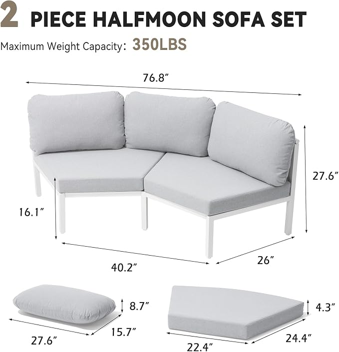 Crestlive Products Curved Patio Furniture Set, Modular Half Moon 2-Seater Sofa, Aluminum Outdoor Sectional with 5-Inch Water-Resistant Cushions, All Weather Couch for Backyard, Deck, Porch, Poolside