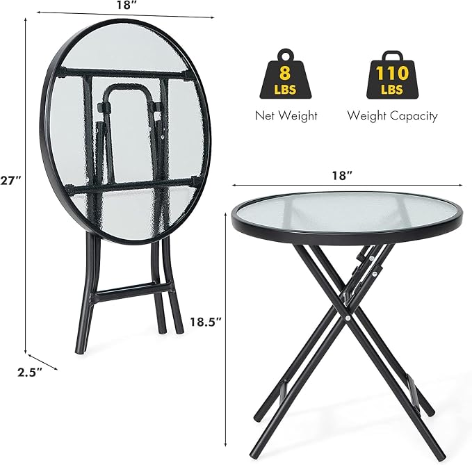 LDAILY Folding Outdoor Side Table, Round Small Bistro Table with Tempered Glass Tabletop, Anti-Slip Foot Pads, Steel Frame, Foldable Patio Table for Garden, Balcony, Backyard, Porch, Black