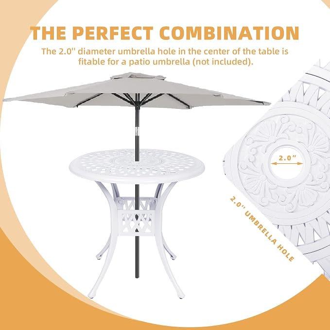 3-Piece Outdoor Patio Dining Set, All-Weather Cast Aluminum Patio Furniture Set for Backyard Garden Deck with 2 Swivel Cushioned Chairs and 31” Round Table, 2" Umbrella Hole, White