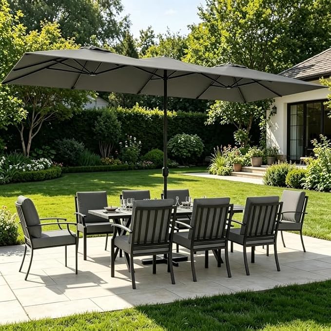 ALAULM 9-Piece Patio Dining Set with 14FT Patio Umbrella,Outdoor Dining Set with 8 Metal Chairs & Rectangle Table with1.5 Umbrella Hole, Patio Dining Table and Chairs for Backyard,Poolsid-Grey
