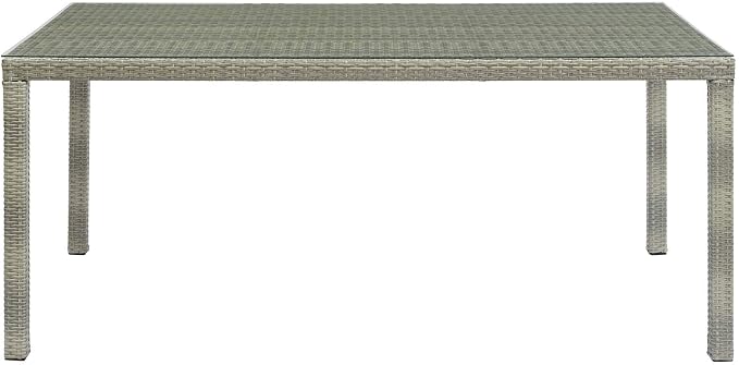 Modway Conduit Wicker Rattan Glass Outdoor Patio 70" Rectangular Dining Table in Light Gray