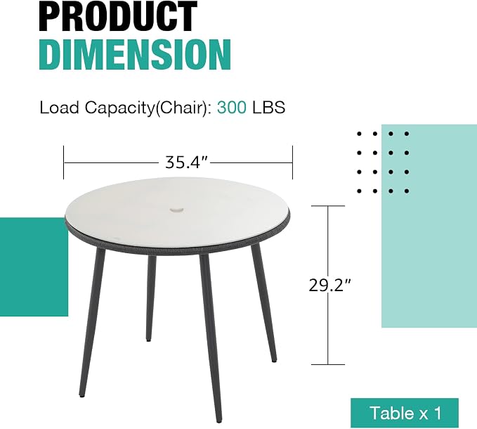 Patiorama Outdoor Dining Table, 35'' Patio Round Table, All-Weather Rope Rattan Wicker Patio Dining Table, Patio Tempered Glass Table w/Umbrella Hole, Outdoor Coffee Table for Lawn Garden Pool(Black)