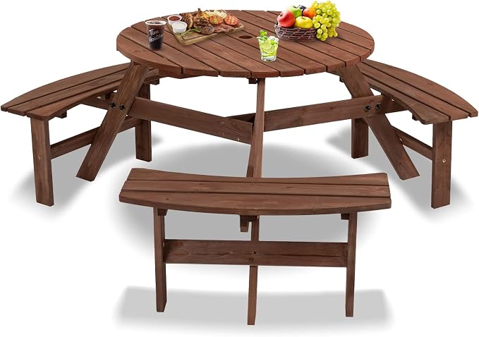 6-Person Circular Outdoor Wooden Picnic Table for Patio, Backyard, Garden, DIY w/ 3 Built-in Benches, 1720lb Capacity - Brown