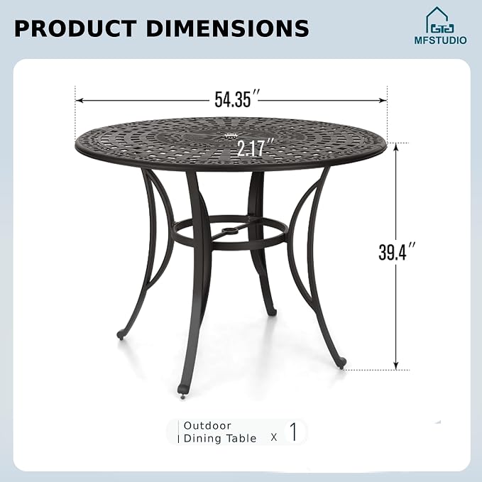 MFSTUDIO Cast Aluminium Bar Height Outdoor Table, Round | 54.35”Dia x 39.4”H, 2.17" Umbrella Hole, Retro Hollow Pattern, Adjustable Non-Scratch Feet, for 6 Person, for Patio Backyard
