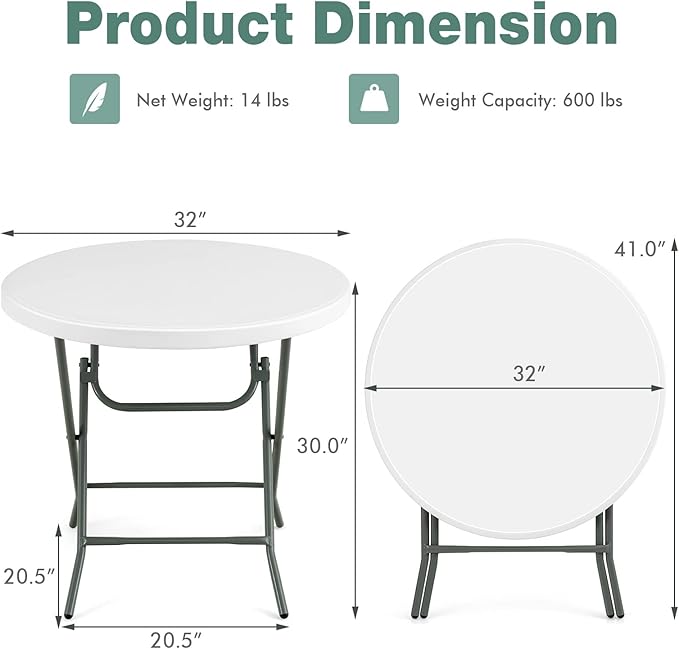 Goplus 32'' Round Folding Table, Foldable Plastic Card Table, Portable Commercial Banquet Table, White Outdoor Utility Folding Tables for Picnic, Party, Dining, Camping, Beach, BBQ, No Assembly