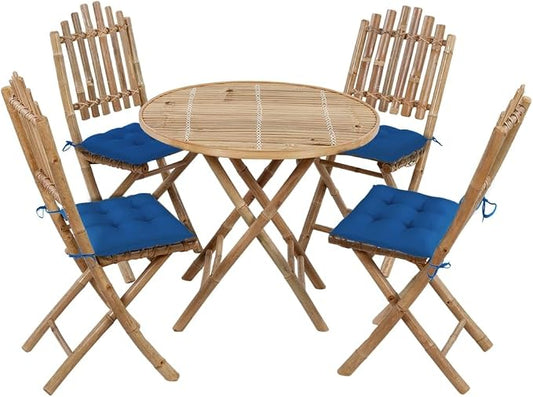 5 Piece Folding Patio Dining Set with Cushions Bamboo Outdoor Furniture Waterproof Table and 4 Chairs for Garden Backyard Blue