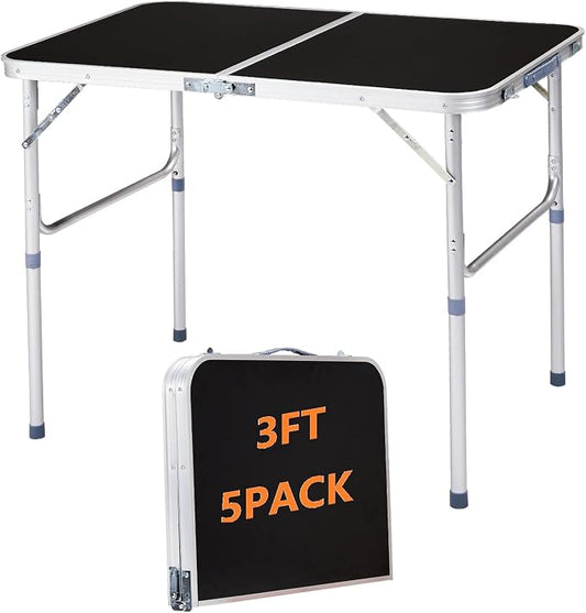 3 Feet Adjustable Height Small Folding Table with Carrying Handle, Lightweight Portable Picnic Table for Outdoor Indoor Camping BBQ Fishing Beach Use, MDF Tabletop, Black 5Pcs, Aluminum Frame