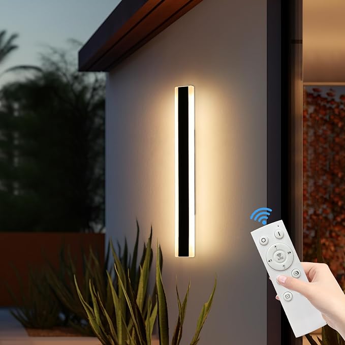 Outdoor Wall Light Fixture, 31.4inch Black Modern Linear Exterior Sconce, IP65 Waterproof Dimmable 3000K-6000K with Remote Control, Wall Mount Garage Lighting for Porch, Patio, Yard, House
