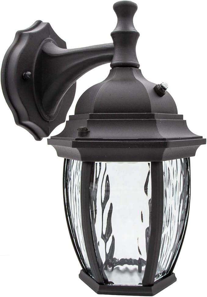 Maxxima LED Black Outdoor Wall Light, 580 Lumens 3000K, Dusk to Dawn Sensor | Clear Water Glass, Warm White, Photocell Sensor, Exterior Patio or Porch Sconce Fixture