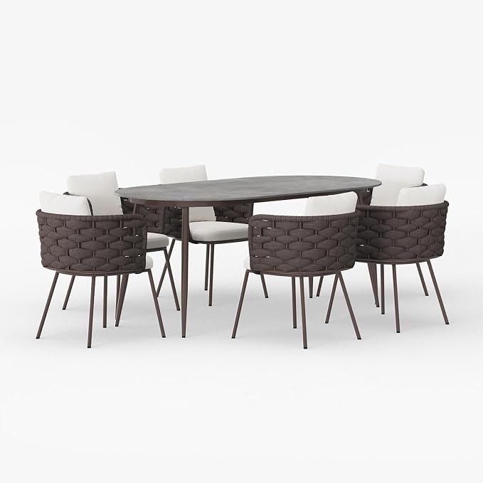 LOVEDIMA 70.9'' Patio Table and Chairs Set,7 Pieces Patio Furniture Set Outdoor Sintered Stone Top Dining Table Set with Rope Woven Armchairs for 6,Gray & Brown