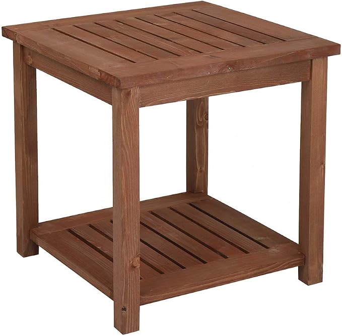2 Tiers 18" Square Outdoor Side Table, Fir Patio Small Table, Indoor Outdoor Storage for Porch, Bedroom, Balcony, Weather Resistant, Carbonized Color
