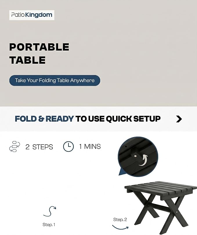 Outdoor Folding Side Table, Lightweight & Space-Saving Design, All-Weather HDPE Material, Realistic Wood-Grain Finish (Black,1 Table)