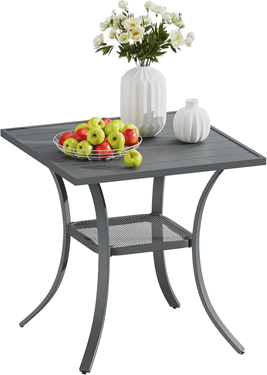 VICLLAX Small Patio Dining Table, 28"x 28" Square Metal Slatted Table with Storage Shelf for Front Porch Deck Lawn Garden, No Umbrella Hole, Dark Grey Tabletop
