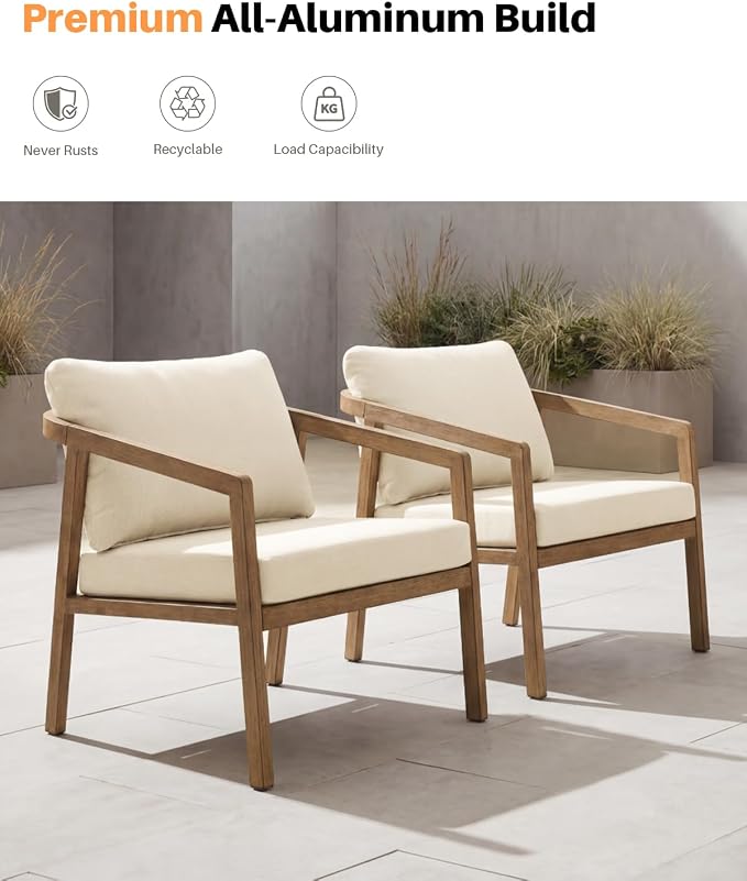 Teak Patio Sofa Chairs Set of 2, Never-Rust Aluminum Outdoor Armchair with Removable Cushions, All Weather 2 Pieces Outdoor Club Chairs, Outdoor Sofa Chairs for Garden, Porch, Balcony