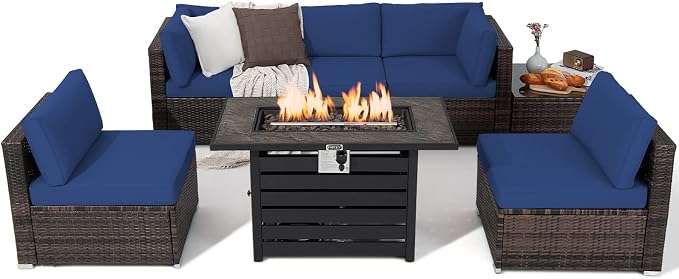 Tangkula 7-Piece Outdoor Patio Furniture Set with 42" Propane Fire Pit Table, Outdoor Wicker Conversation Set with Cushions and Tempered Glass Coffee Table, 50,000 BTU Gas Fire Pit Table (Navy)