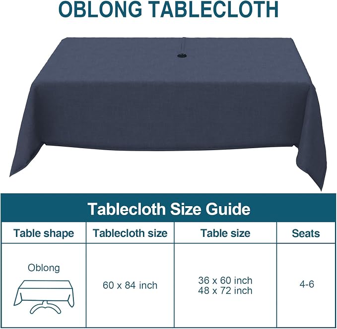DYTXIII Outdoor Rectangle Tablecloth with Umbrella Hole and Zipper 84" x 60", Water Repellent Floral Picnic Cover, Fade & Wrinkle Resistant Tablecloth for Patio/Garden/Party Table, Textured Navy