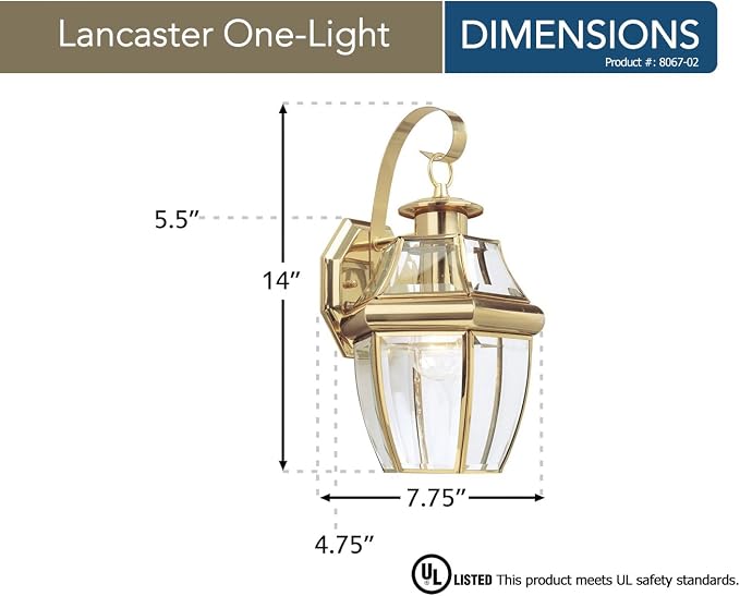 Generation Lighting Lancaster Outdoor Wall Lantern in Polished Brass | Wet-Rated Brass Fixture with Clear Beveled Glass, a Porch Light, Outside Light, or Exterior Lighting Fixture for Entry