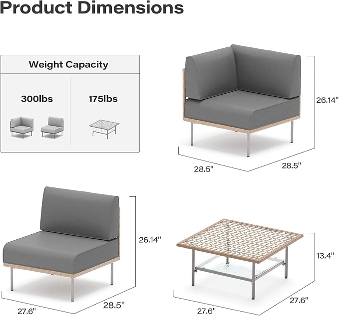 LAUSAINT HOME 5-Piece Outdoor Patio Furniture Set, Wicker Outdoor Conversation Set PE Rattan Sectional Sofa with Washable Cushions and Tempered Glass Table for Garden (Grey)