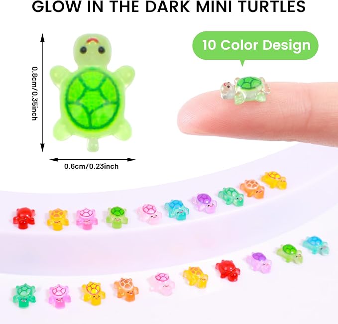 300pcs Mini Resin Turtles Luminous Tiny Turtle for Crafts Dollhouse Miniatures Mini Resin Things Animals for Fairy Garden Micro Landscaping Decoration Home Decor, 10 Colors(0.23 * 0.35inch)