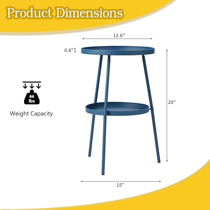 2 Tier Patio Side End Table, Round Metal Lawn Bistro Portable Leisure Standing Coffee Table, Outdoor or Indoor Tray for Living Room Bedroom Balcony Poolside and Office (Navy Blue)