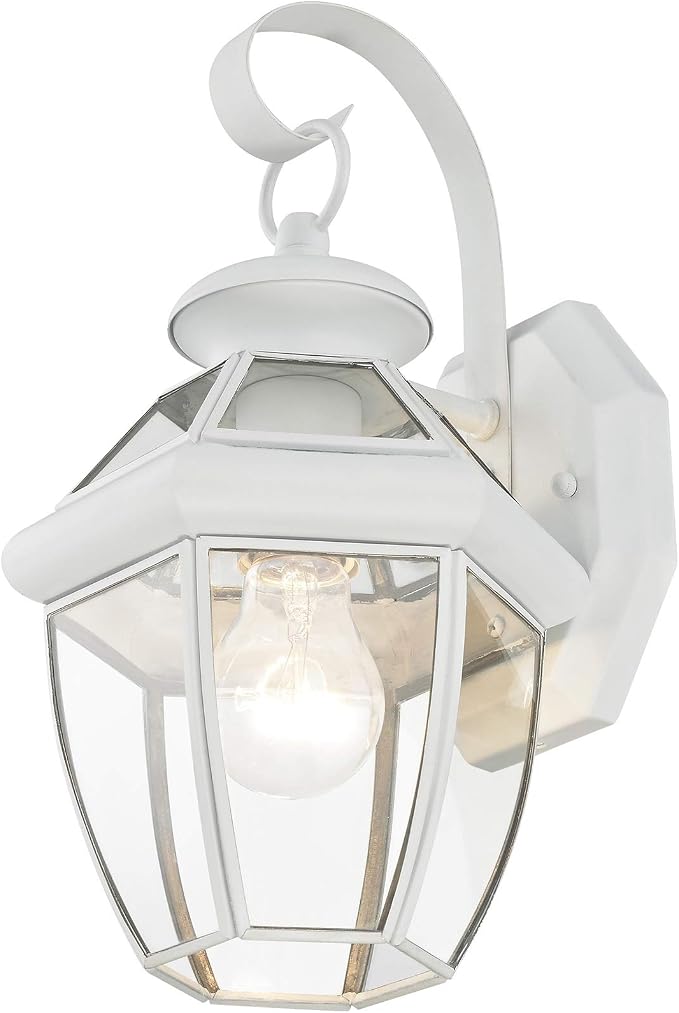 Livex Lighting 2051-03 Monterey 1 Light Outdoor White Finish Solid Brass Wall Lantern with Clear Beveled Glass | Clear Beveled Glass; Solid brass construction