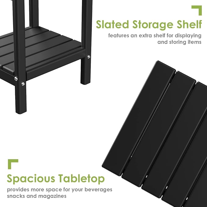 GREENVINES Adirondack-Outdoor-Side-Table | Set of 4 | 14 x 13 Inches | HDPE Plastic | All Weather | Black | Outside End Tables | Storage Shelf | for Patio Porch Backyard Indoor