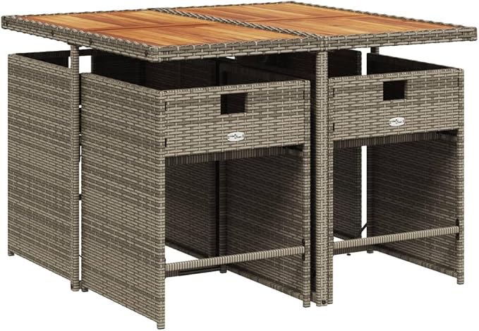 5-Piece Patio Dining Set with Gray PE Rattan Furniture, Acacia Wood Table and Removable Cushions for Outdoor Garden Backyard Balcony