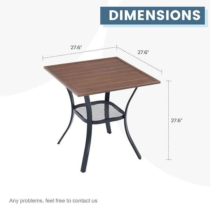 DIFY 27.6" Small Square Outdoor Dining Table for 2, Slatted Metal Patio Table with Storage Shelf, All-Weather Patio Dining Table for Garden Backyard Deck, Walnut Tabletop