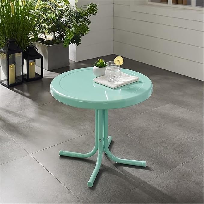 Pemberly Row Modern Steel Patio End Table, Aqua Gloss Finish, 22 in x 22 in x 18.9 in, Retro Weatherproof Powder-Coated Metal Table for Outdoor, Balcony, or Porch Use