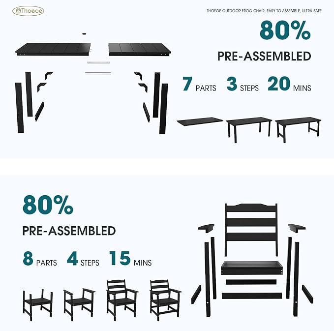 THOEOE 7 Piece Outdoor Dining Set, Patio Dining Table and 6 Chairs, All-Aluminum Frame, All-Weather HDPE Outdoor Furniture with Umbrella Hole for Garden, Lawn, Poolside, Black