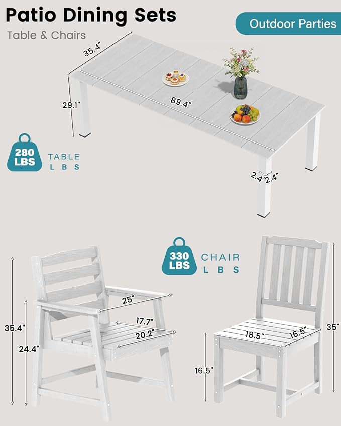 LOUNZY 11 Piece Patio Dining Set for 10, Outdoor Table and Chairs, White | 89.4“ table,Heavy-duty 10 seat patio set, mixed chair waterproof HDPE and ALU low maintenance and stable for all-season use
