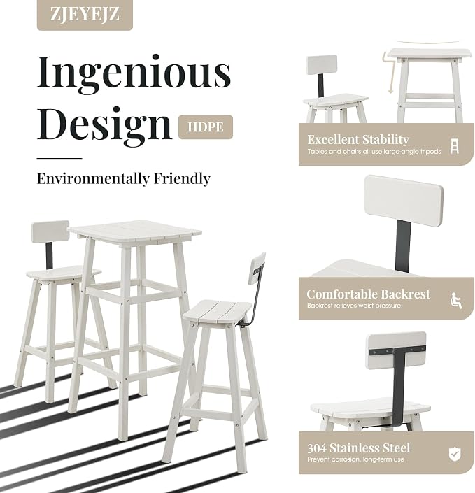 Bar Height Chairs Set of 2, HDPE Front Porch Chairs Set, Weather Resistance Outdoor Bar Stools Set for Spas, Cafes, Swimming Areas, Lodges and Hotels - White