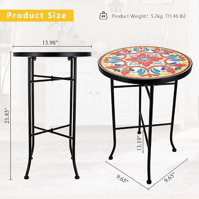 14 Inch Mosaic Patio Side Table with X-Straight Legs, Indoor Outdoor Accent Round End Table with Ceramic Tile Tops for Yard, Garden, Living Room, Bistro, A - Med. Floral Pattern