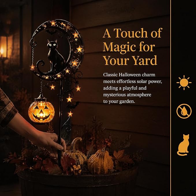 Solar Halloween Black Cat & Pumpkin Moon Garden Stake Light, Outdoor Waterproof LED Yard Decoration with Crescent Moon, Hanging Jack-o'-Lantern Lantern for Garden, Patio, Walkway, Porch (Style A B)