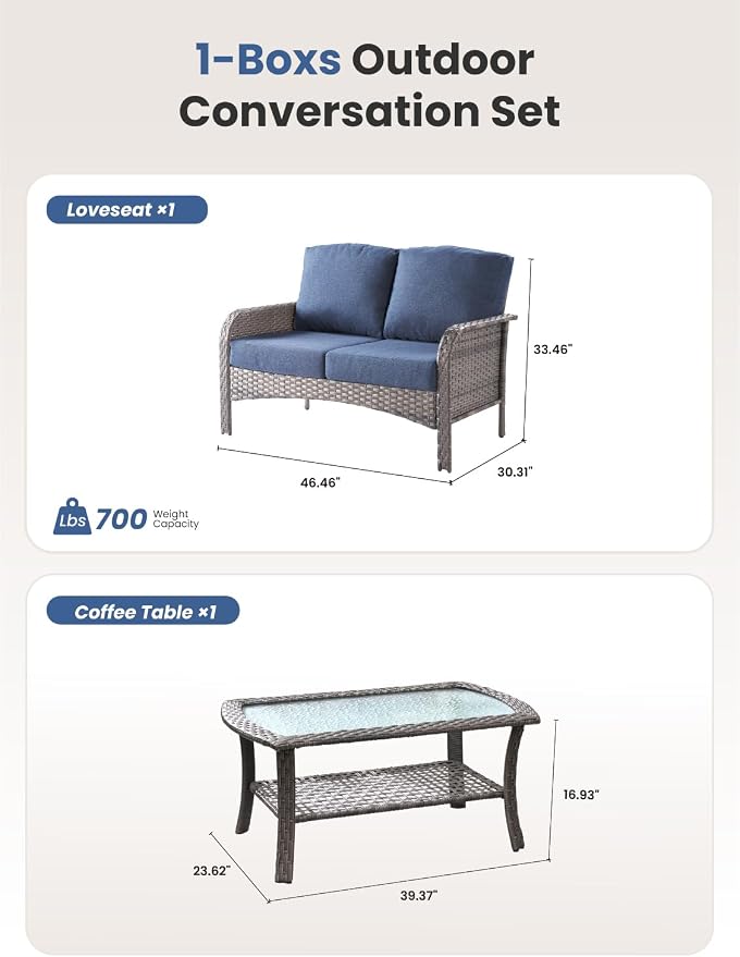 2-Piece Outdoor Patio Furniture Set with Coffee Table, Outdoor Conversation Wicker Sofa with Thickened Cushions, Rattan Couch for Deck Yard Poolside, Blue