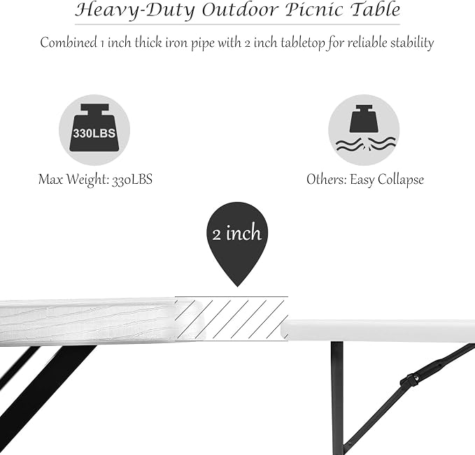 Moccha Picnic Table Bench Set - Portable Plastic Picnic Table w/Steel Frame & Wood-Like Texture, All Weather Heavy Duty Picnic Table Kit, Picnic Tables for Outdoors Garden Patio Party Dining (White)