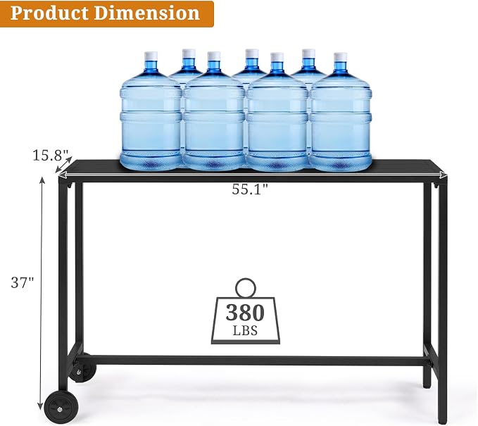 55" Narrow Rectangle Outdoor Bar Table, 380 LBS Capacity Waterproof Metal Table with Wheels & Adjustable Feet, Space Saving All Weather Bar Console Table for Patio Poolside Balcony Black