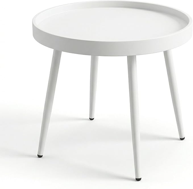 Small Round Side Table - Outdoor Indoor Metal Side Table with Anti-Fall Fence - Small Coffee Drink End Tables for Patio, Living Room Bedroom Porch -White