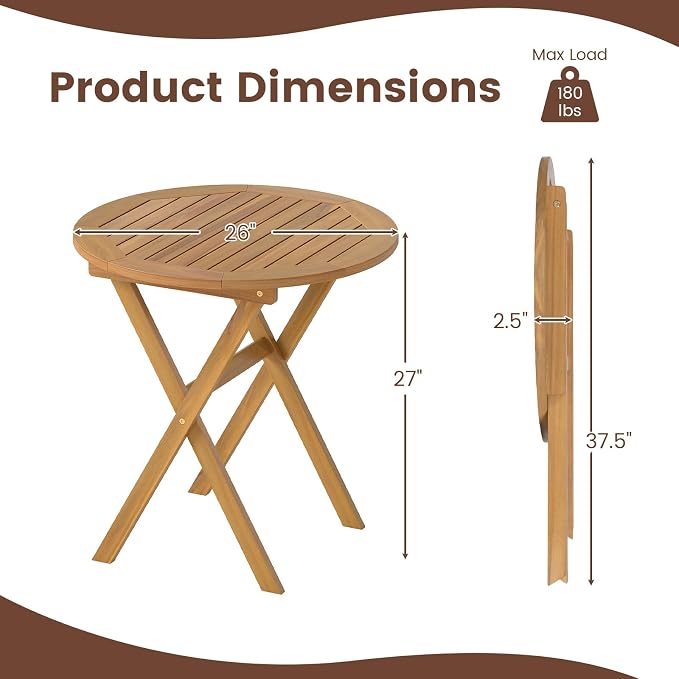 RELAX4LIFE Round Outdoor Folding Table - 26’’ Acacia Wood Patio Bistro Table w/Slatted Tabletop for Indoor Outside Dining Camping, Portable Foldable Wooden Furniture for Garden Backyard Porch (1)
