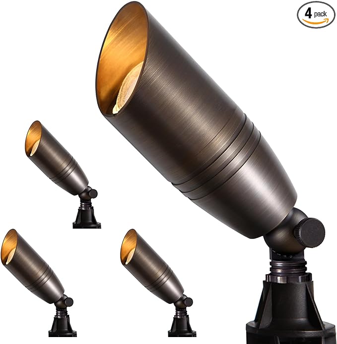 Solid Brass Outdoor Landscape Spotlights, 12V Heavy Duty Low Voltage LED Landscape Lights Waterproof for Garden Uplighting, Classic Bronze Accent Lighting Fixture Without MR16 Bulb, 4 Pack