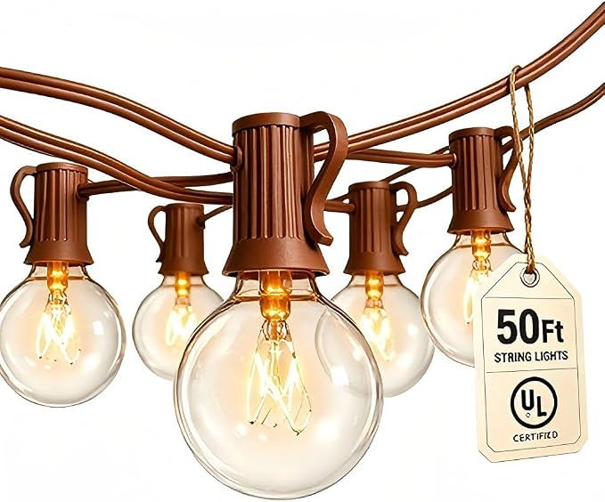 50Ft Outdoor Patio String Lights with 53 Clear Globe G40 Bulbs,UL Certified | Brown Wire Waterproof Patio Lights for Porch Backyard Deck Bistro Gazebos Pergolas Balcony Wedding