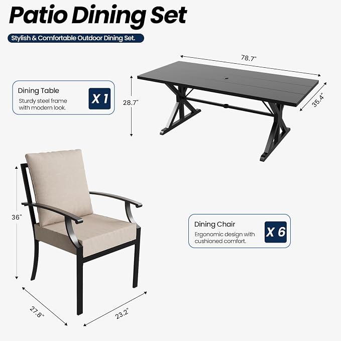 7 Piece Outdoor Dining Set for 6, Metal Patio Table and Chairs with Cushions, Patio Furniture Set with 6 Stackable Chairs, Rectangular Metal Dining Table with Umbrella Hole, Lawn Deck Yard-Sand