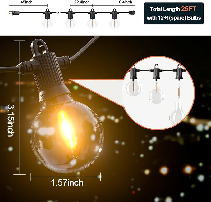 Kawaya G40 Outdoor String Lights 25FT IP65 Waterproof 2700K LED Patio Light | IP65 12 Shatterproof Edison Globe Blubs, 2700K Warm White for Garden Porch Fence Camping Party Backyard Deck Bistro Balcony