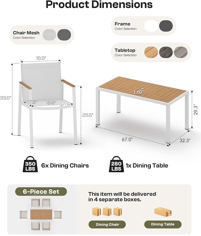 Outdoor Dining Set for 4, Aluminum Patio Table and Chairs Set, 5-Piece All Weather Patio Dining Furniture Set with Umbrella Hole for Backyard, Deck, Poolside (White-Teak)