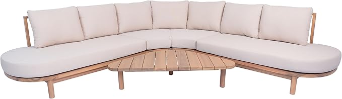 Christopher Knight Home Gemsy 118" Acacia Wood Outdoor Patio Furniture Set with Cushion, Outdoor Half Moon Curved Sectional Sofa Set with Coffee Table, Patio Sectional Sofa Set, Beige+Light Teak