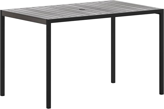 Flash Furniture Lark Commercial Outdoor Steel Dining Table with Umbrella Hole - Gray Wash Faux Teak Poly Slatted Top - Black Frame - 30x48 Table Seats up to 4 Adults